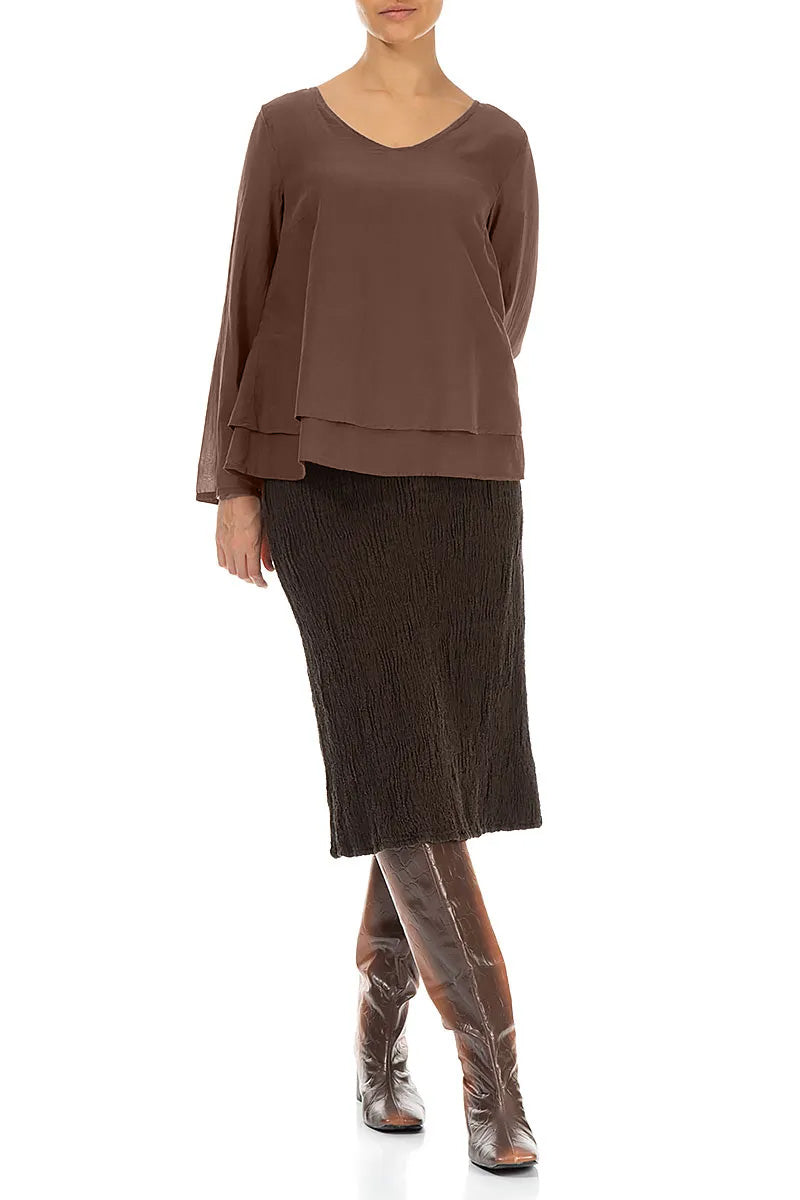 V-Neck Layered Truffle Brown Silk Cotton Blouse