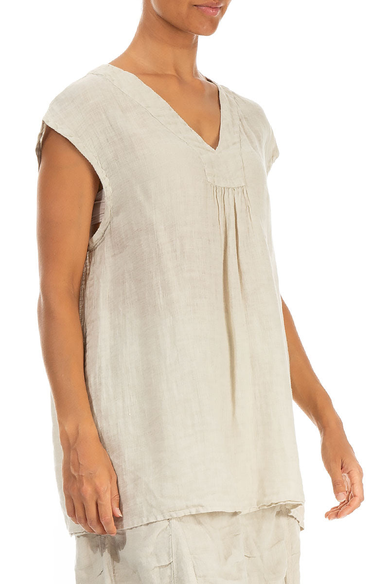 V-Neck Light Beige Gauze Linen Blouse 3