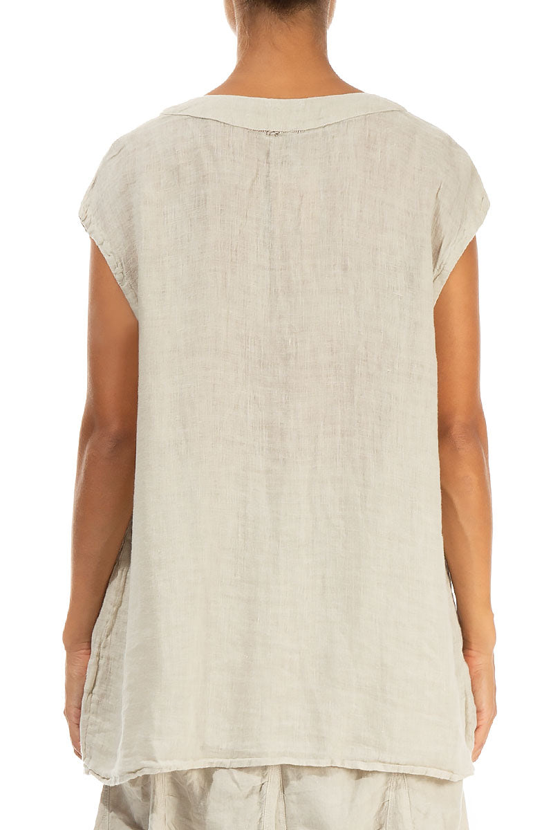 V-Neck Light Beige Gauze Linen Blouse 2