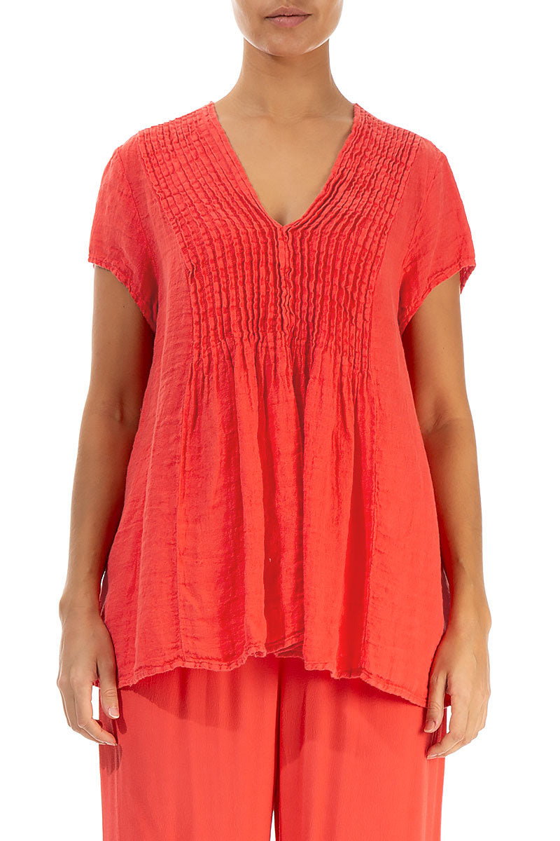 V-Neck Living Coral Linen Blouse 1