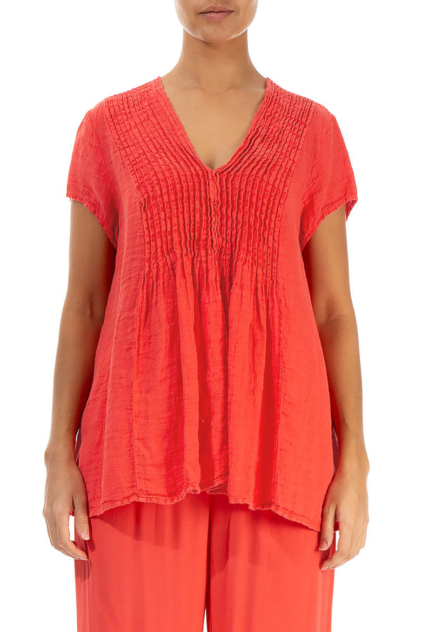 V-Neck Living Coral Linen Blouse 1