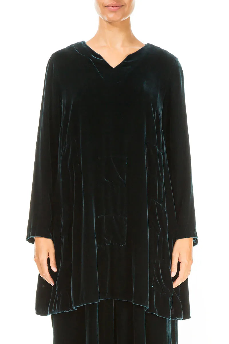 Decorated V-Neck Peacock Silk Velvet Tunic