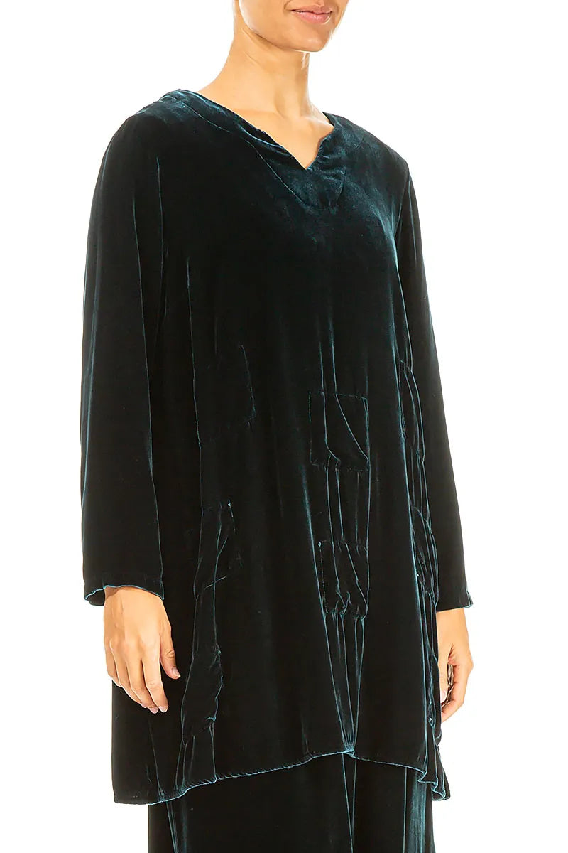 Decorated V-Neck Peacock Silk Velvet Tunic