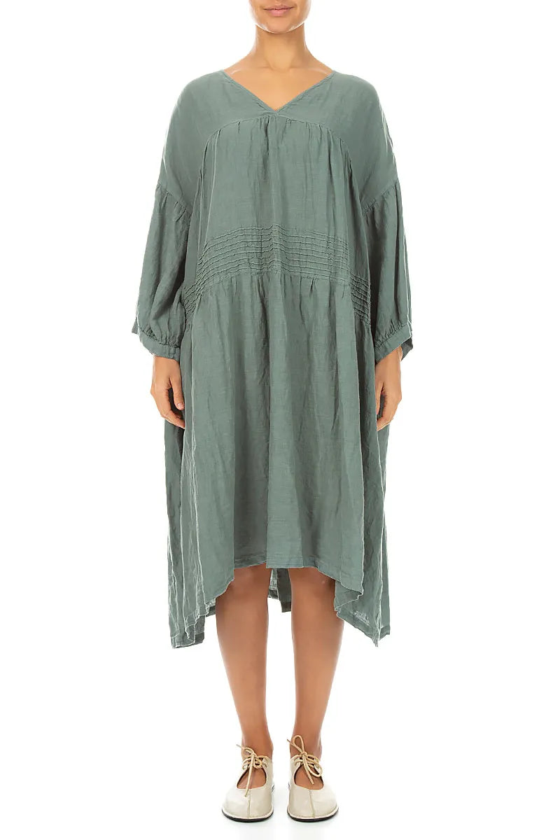 V-Neck Sage Pintuck Linen Dress 1