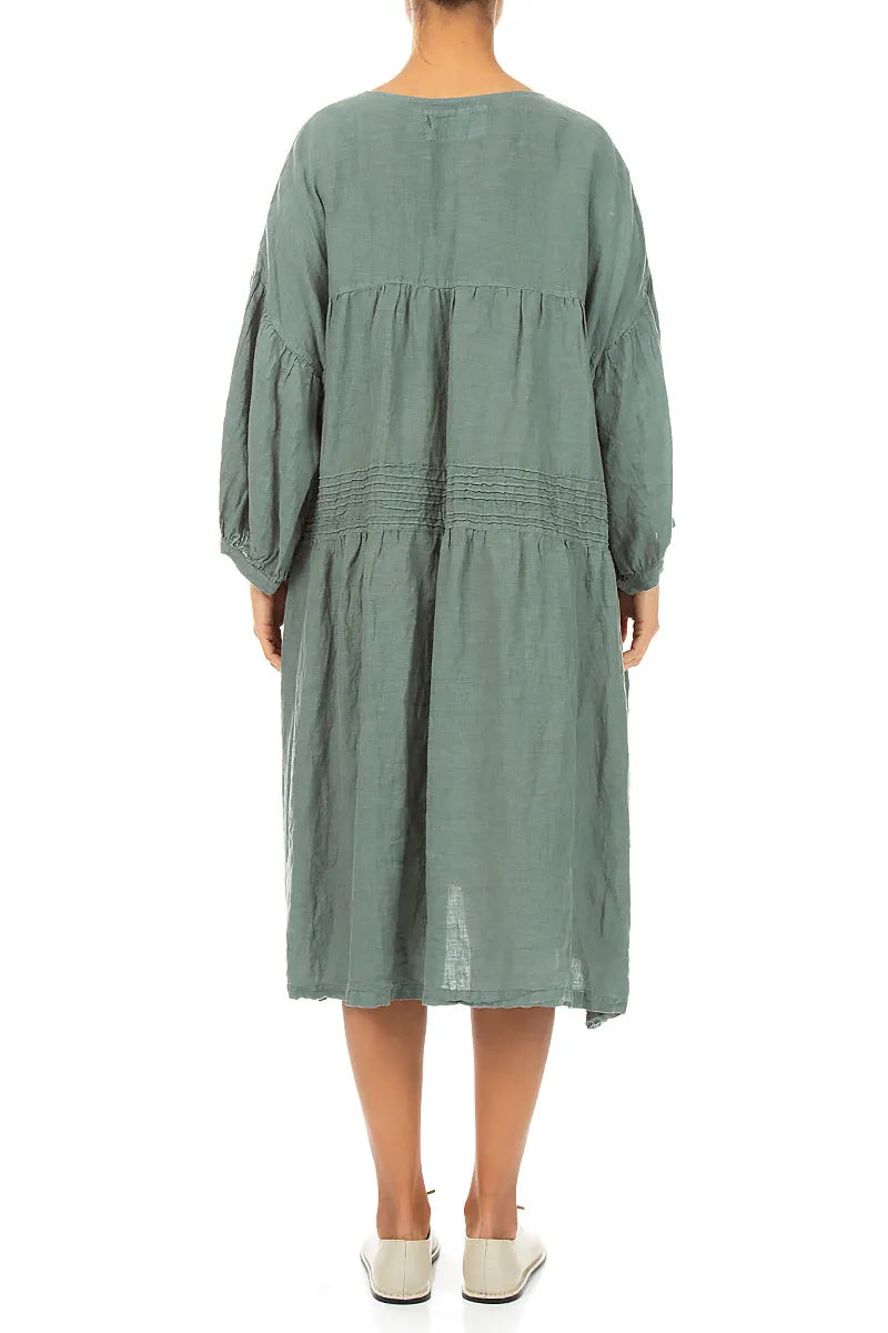 V-Neck Sage Pintuck Linen Dress 2