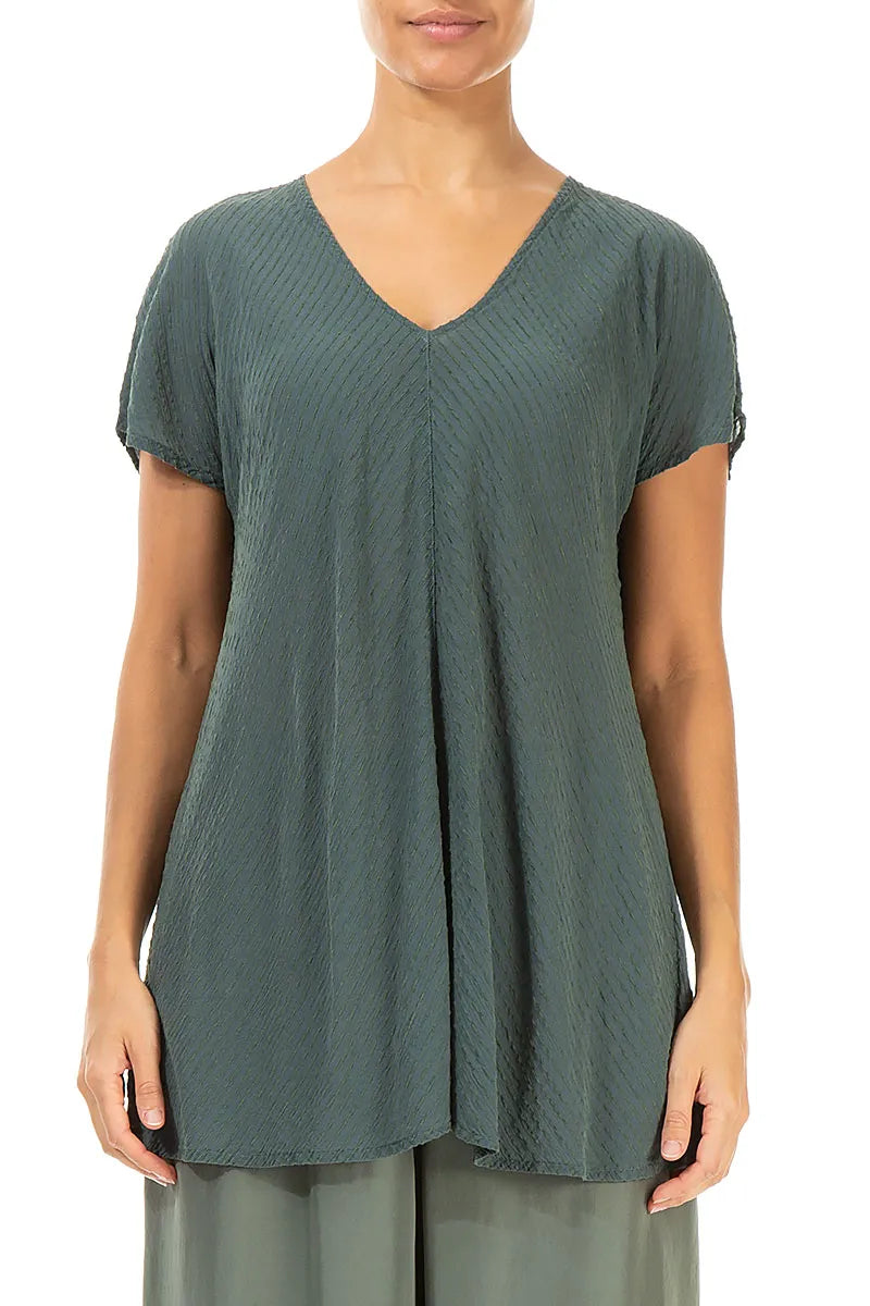 V-Ausschnitt Salbeifarbene Gestreifte Seidenviskose-Bluse