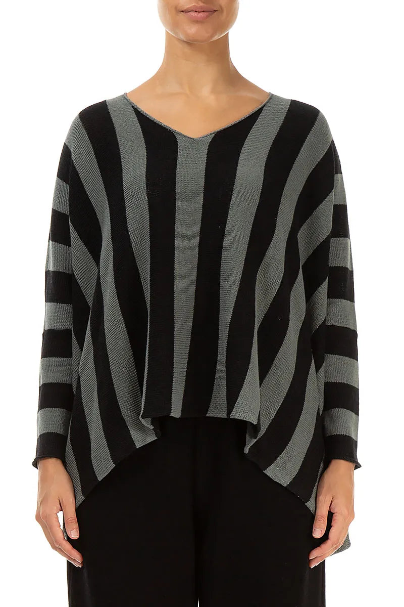 V-Neck Striped Sage Linen Jumper