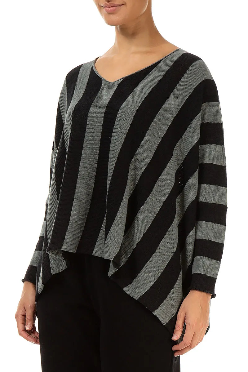 V-Neck Striped Sage Linen Jumper