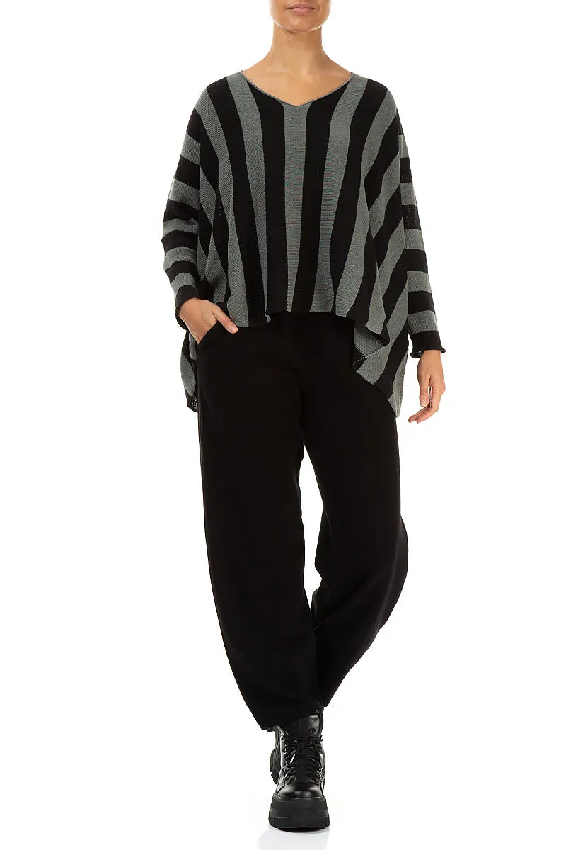 V-Neck Striped Sage Linen Jumper