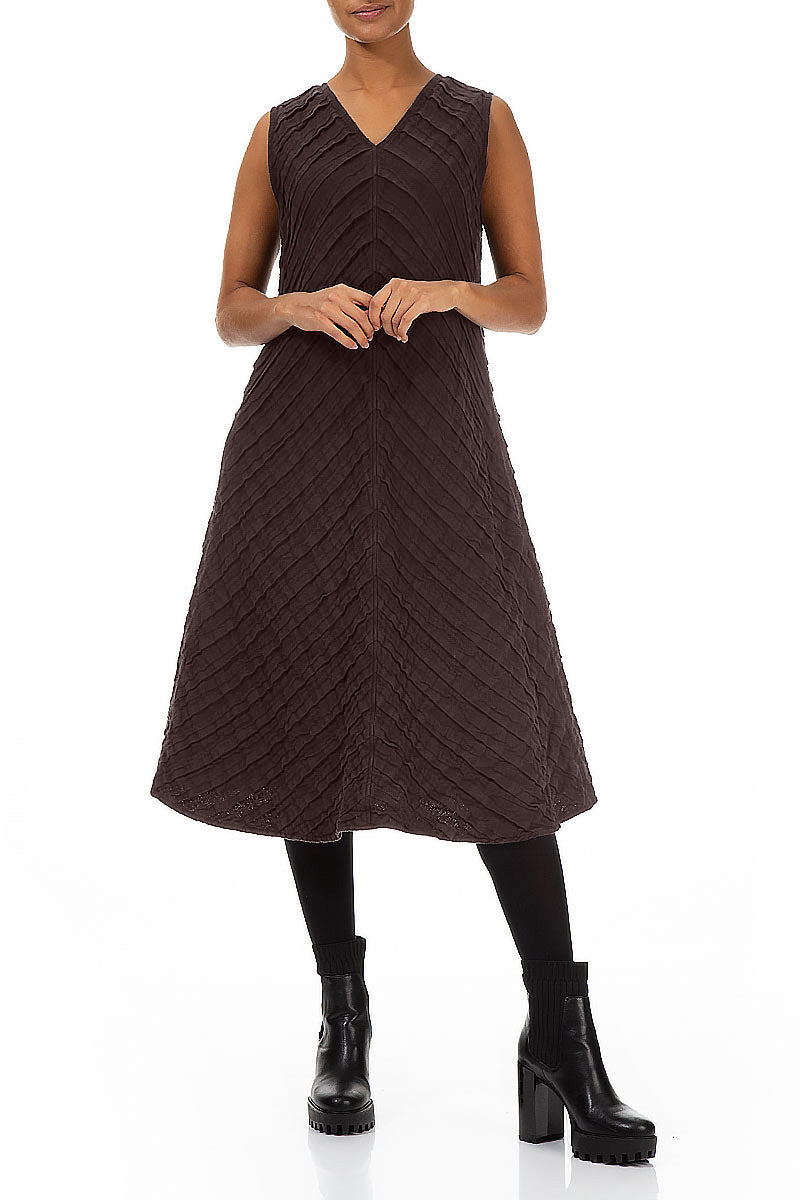 V-Neck Truffle Brown Pleated Linen Dress