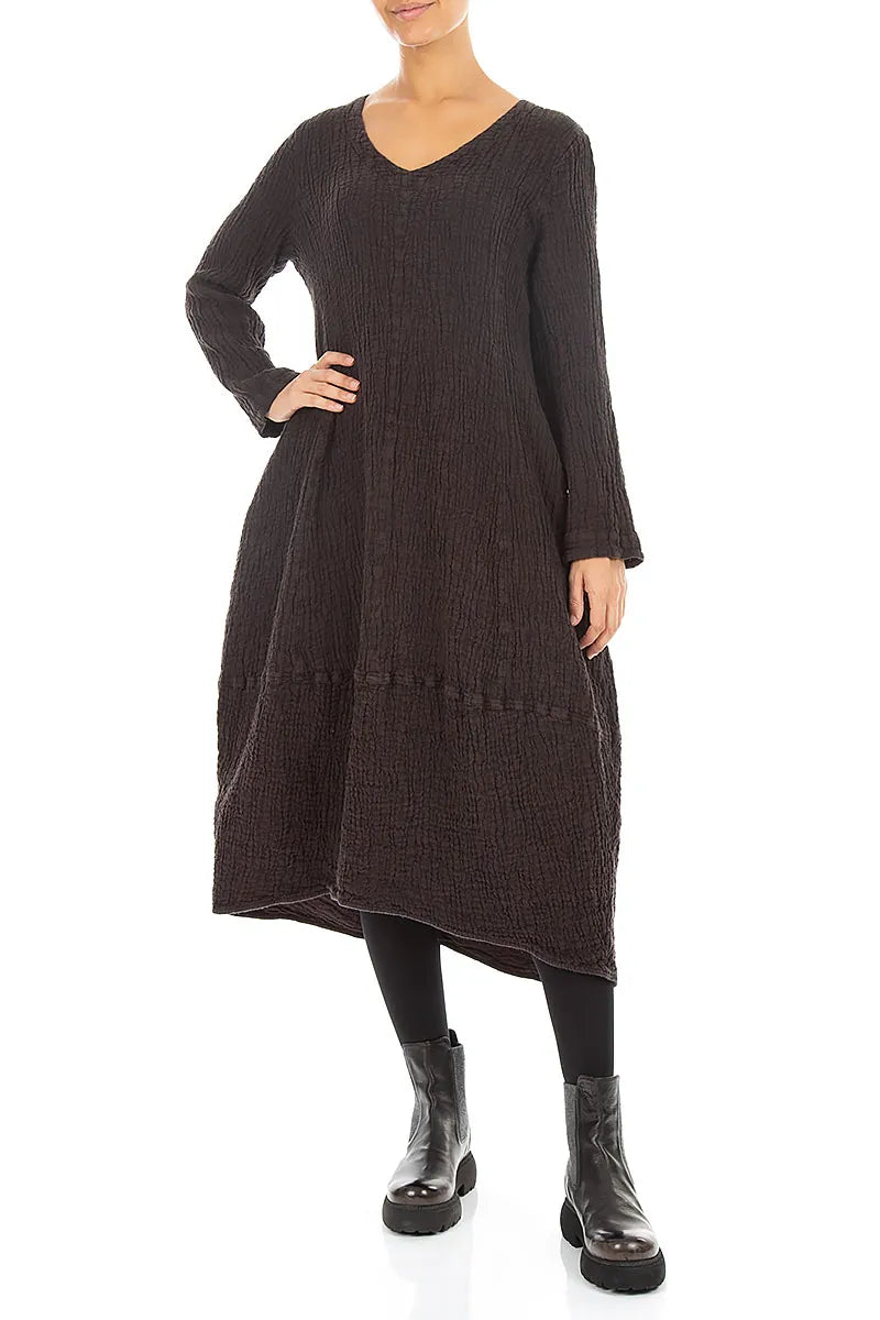 V-Neck Truffle Brown Textured Linen Dress