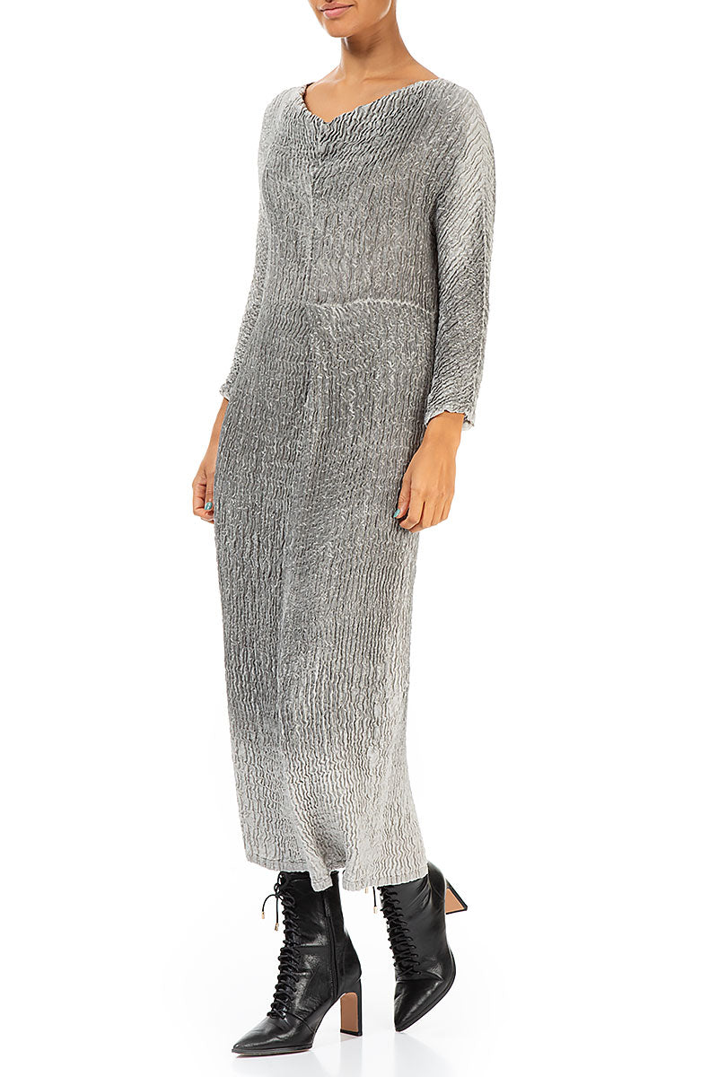 V-Neck Washed Out Crinkled Grey Silk Dress 4