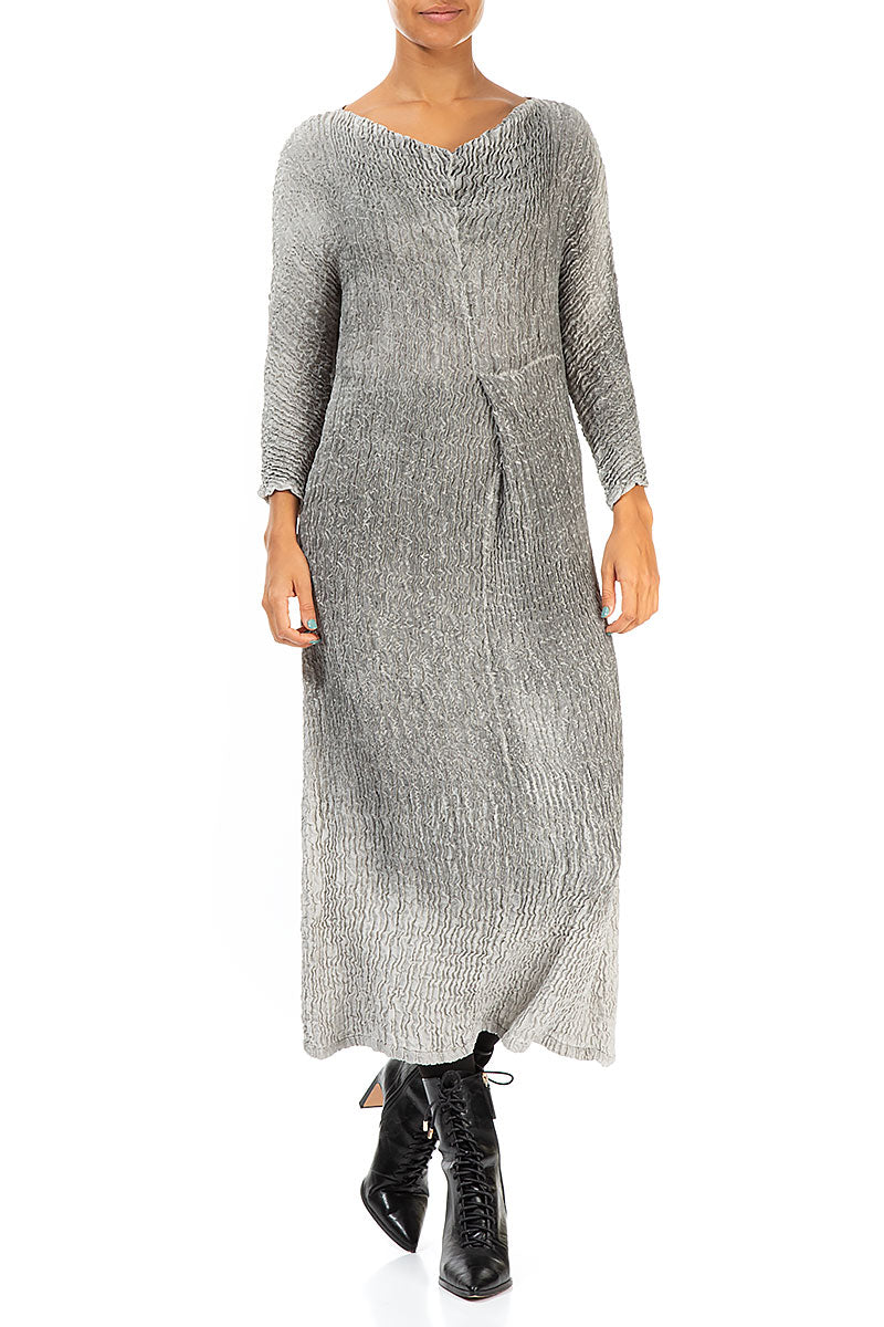 V-Neck Washed Out Crinkled Grey Silk Dress 3
