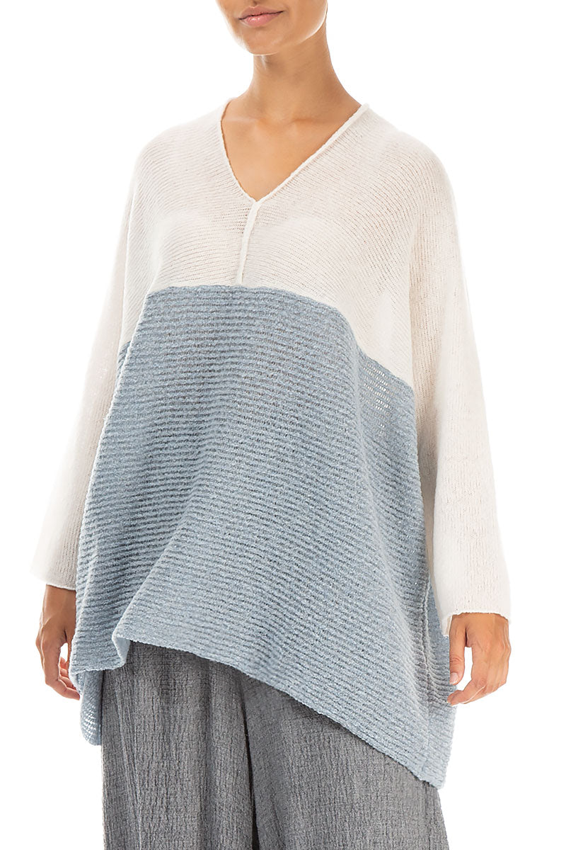 V-Neck White & Silver Blue Wool Sweater 3