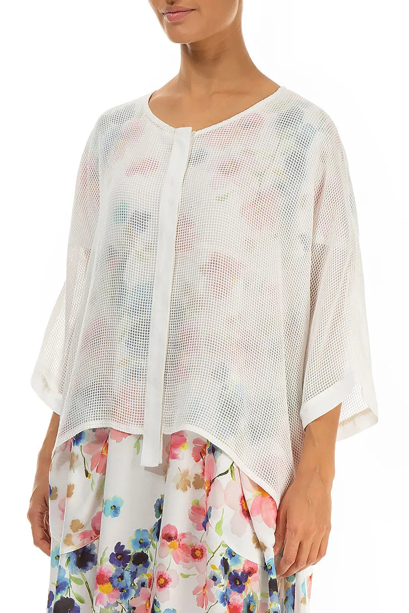 White Centre Placket Mesh Silk Jacket 4