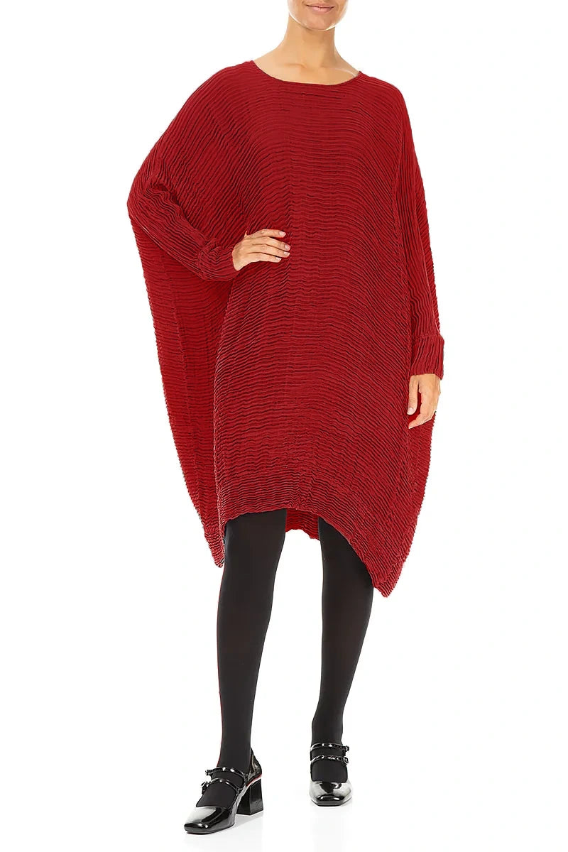 Wide Cherry Red Plissé Silk Kaftan Dress