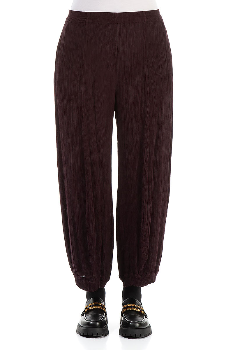 Wide Crinkled Dark Aubergine Silk Viscose Trousers 1