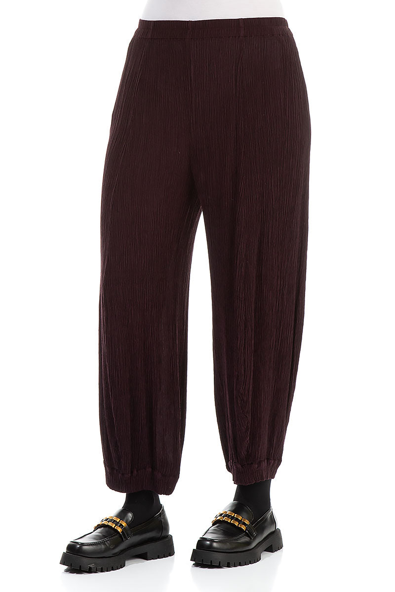 Wide Crinkled Dark Aubergine Silk Viscose Trousers 3