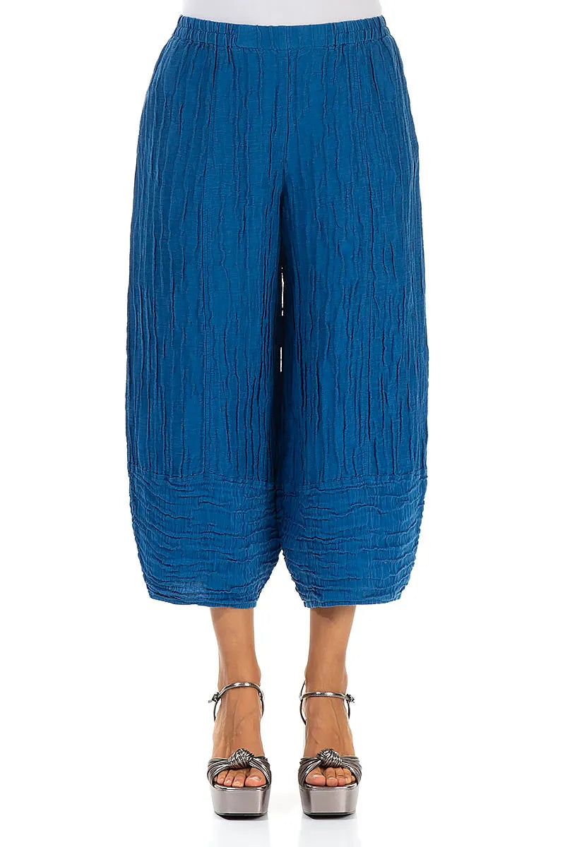 Wide Cropped Crinkled Cobalt Blue Silk Linen Trousers 1