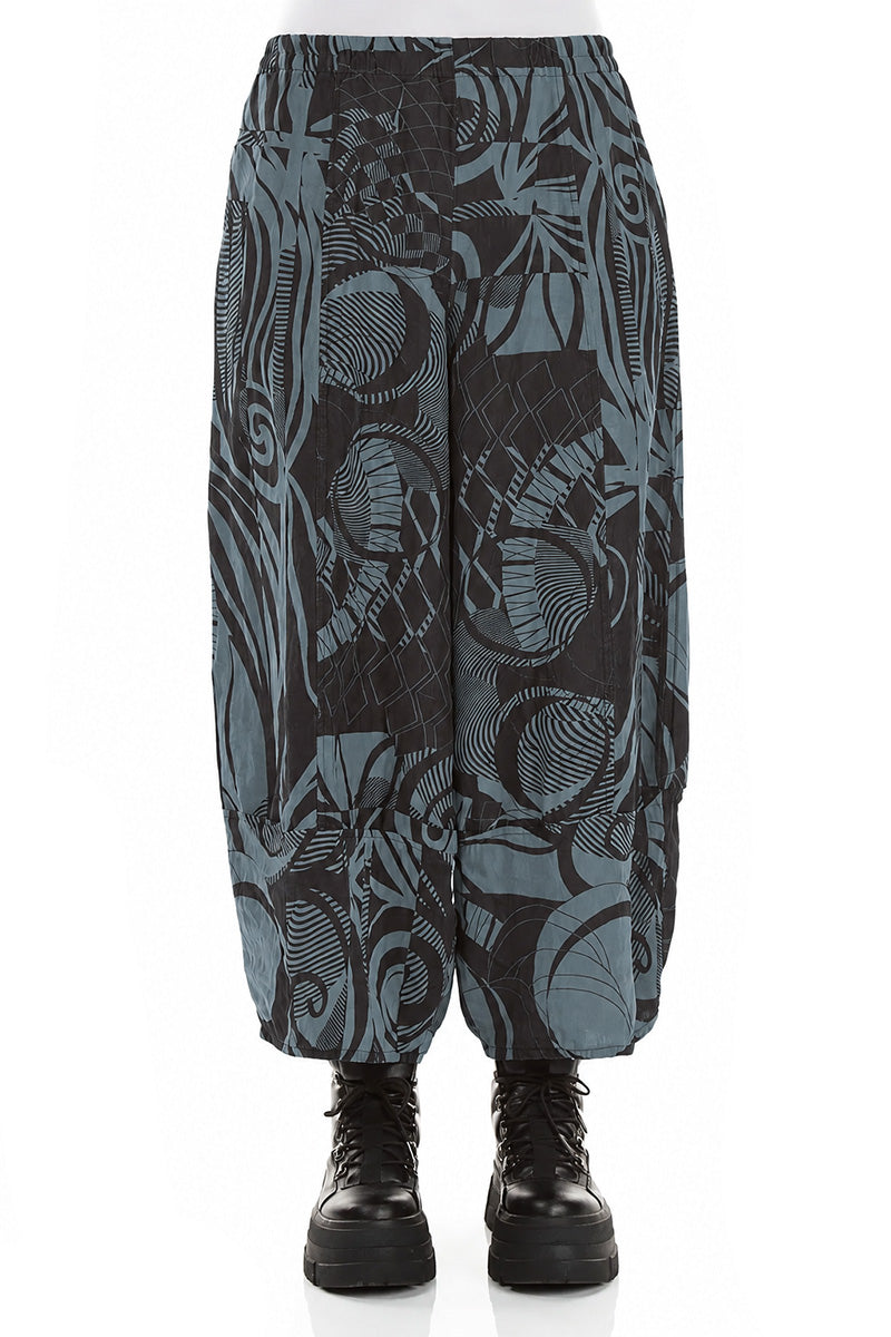 Wide Cropped Textured Slate Orbit Silk Linen Trousers