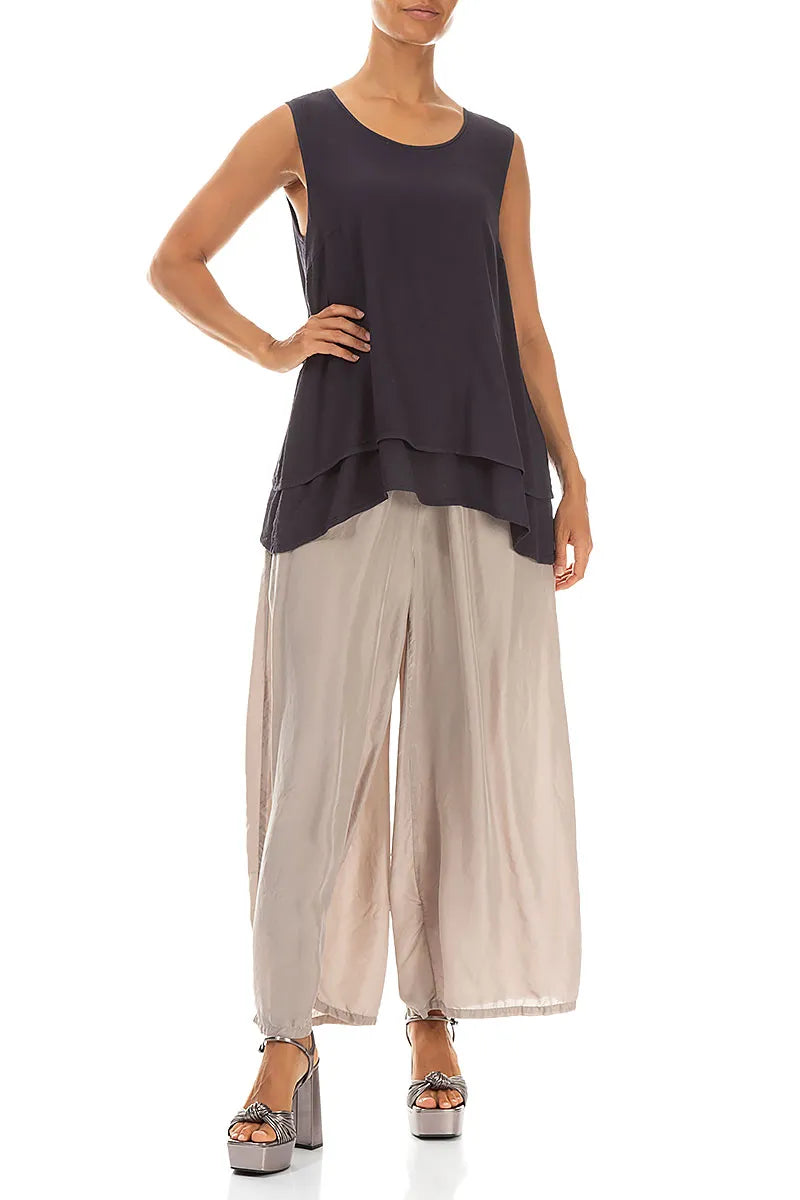 Wide Flowy Beige Pure Silk Trousers 4