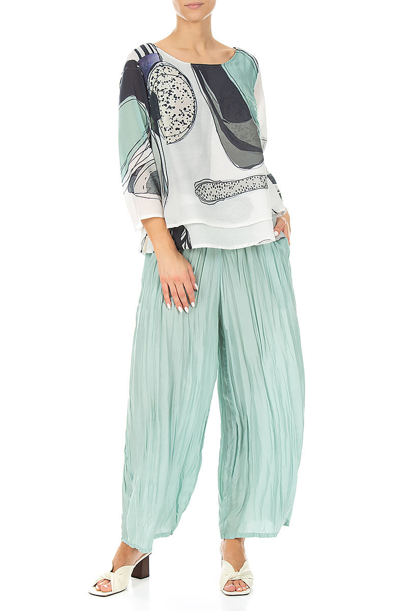 Wide Flowy Mint Crumpled Pure Silk Trousers 4