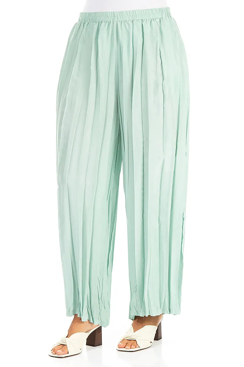Wide Flowy Mint Crumpled Pure Silk Trousers 3