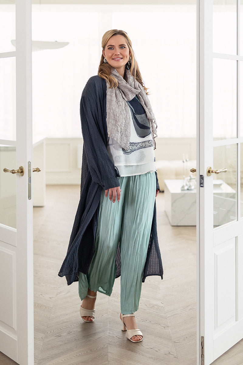 Wide Flowy Mint Crumpled Pure Silk Trousers 6