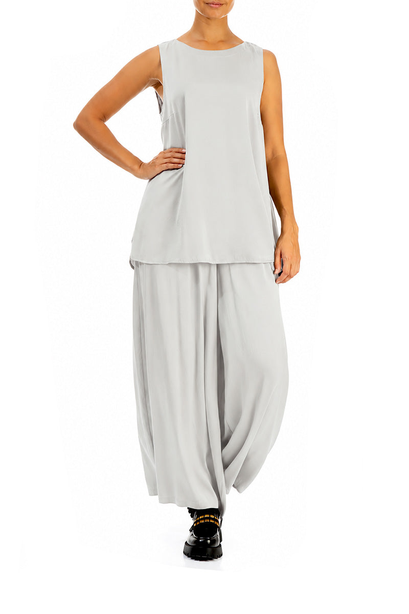 Wide Leg Pearl Grey Silk Trousers