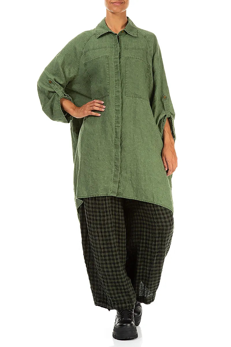 Wide Loose Dark Sage Linen Shirt 4