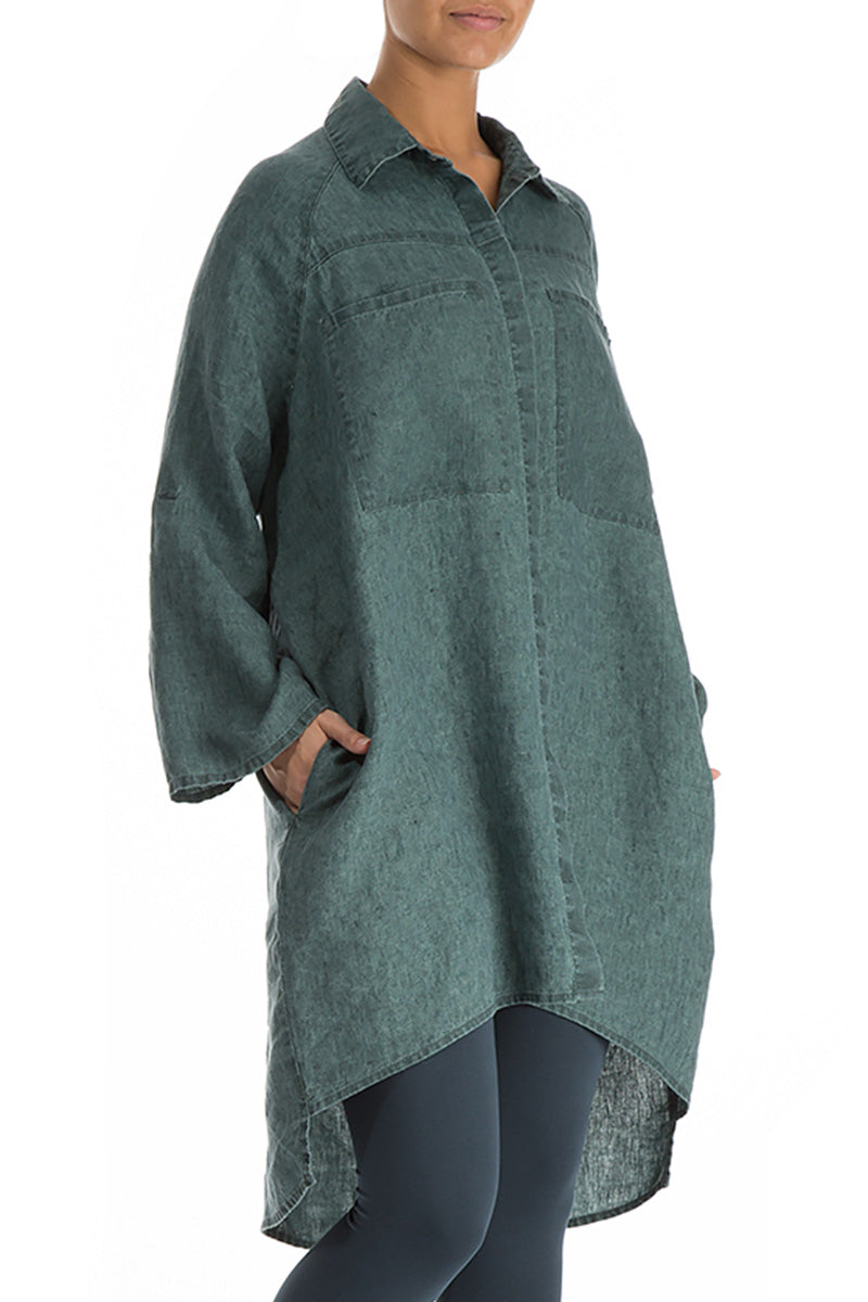 Wide Loose Teal Linen Shirt 3