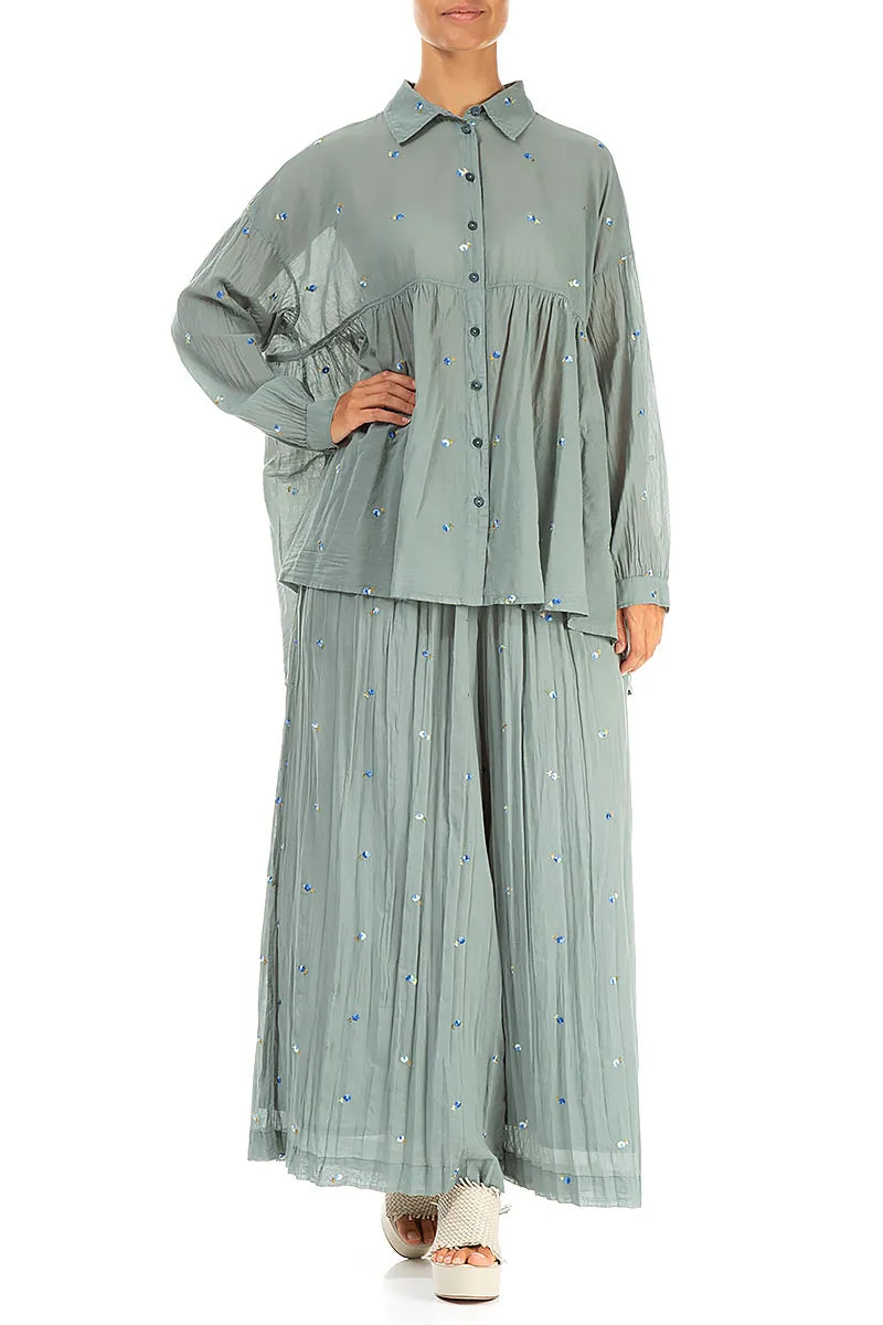 Wide Sage Embroidered Petals Crumpled Cotton Trousers 4