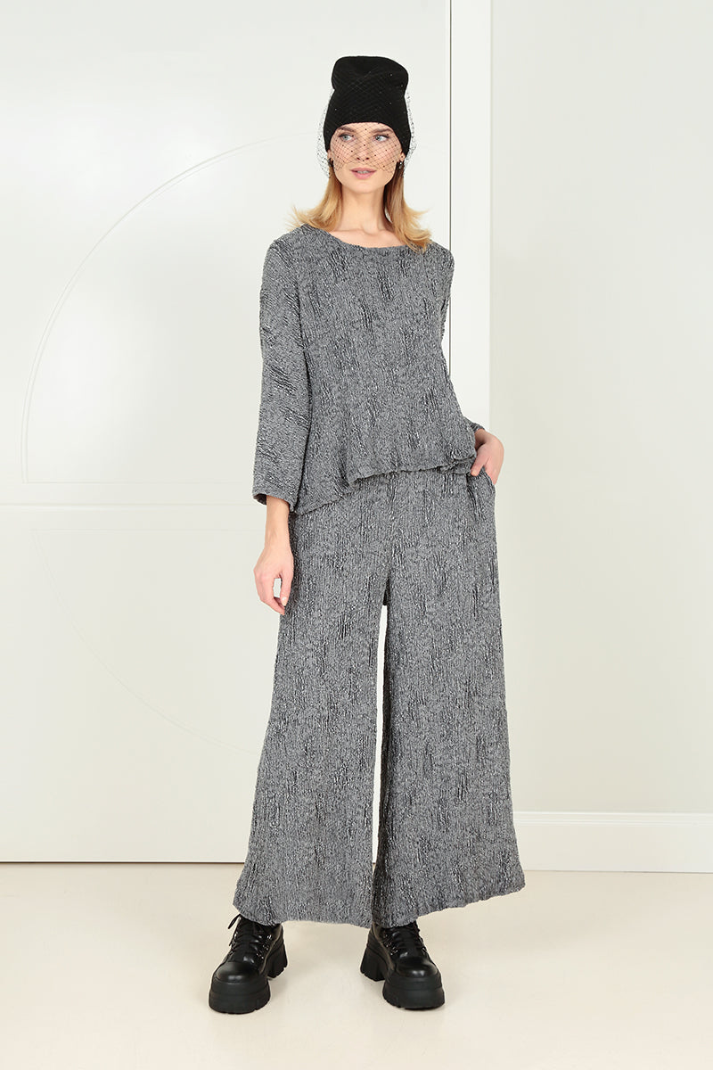 Wide Silver Textured Silk Linen Trousers