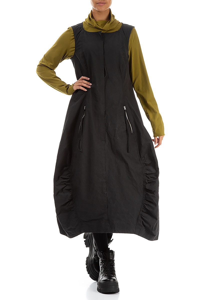 Zipped Pockets Black Cotton Pinafore Dress 4