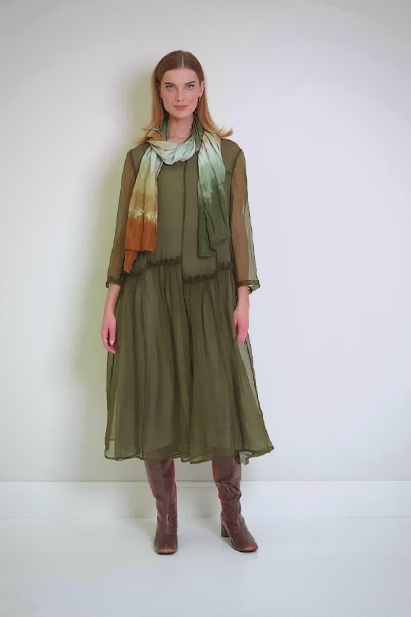 Ruffled Forest Mist Silk Chiffon Dress 7