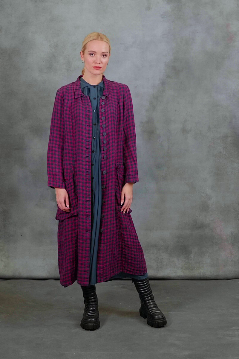 Long Buttonline Magenta Check Linen Jacket 8