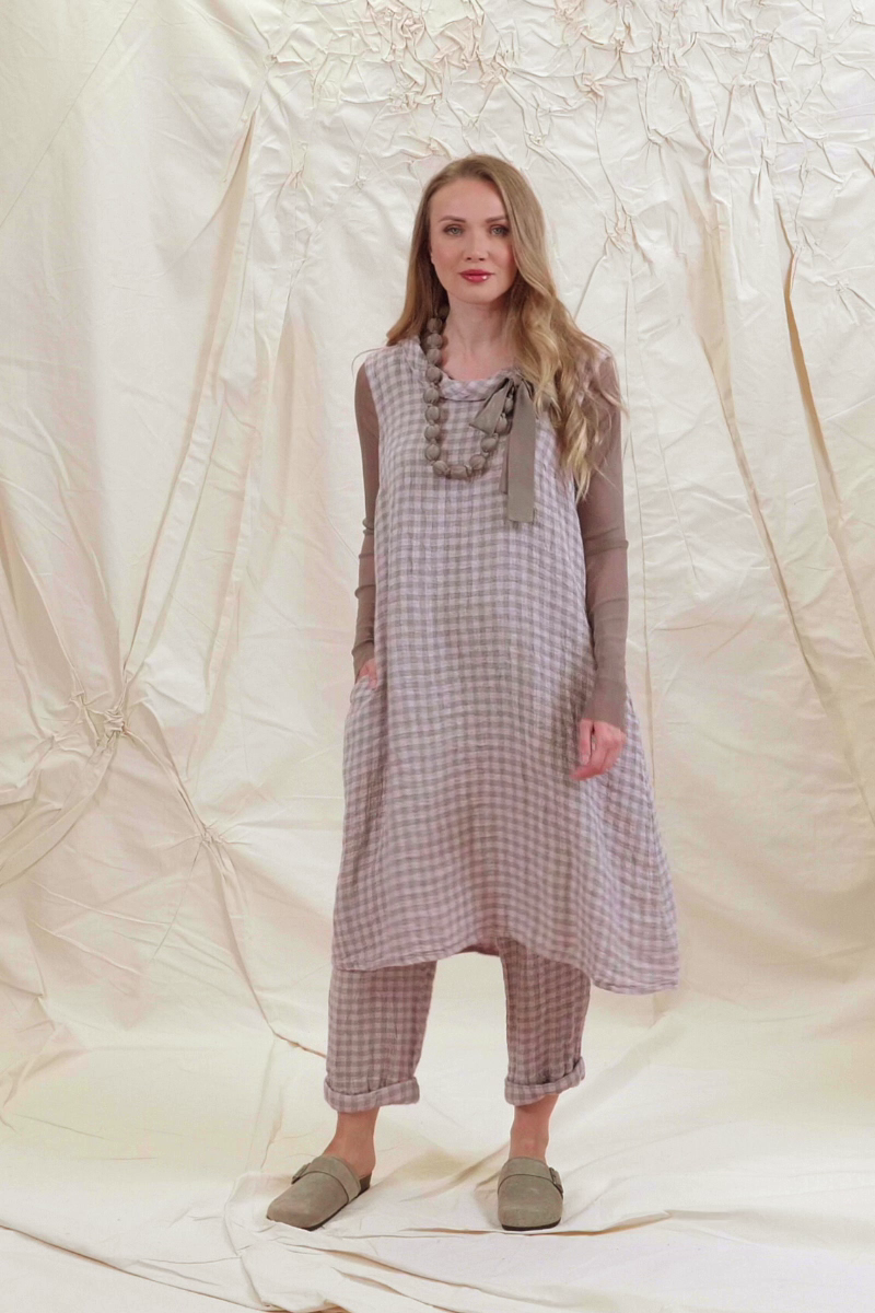 Cowl Neck Pink Check Linen Midi Dress 7