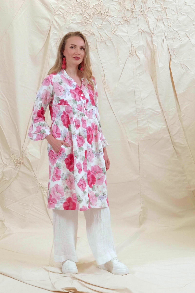 Front Buttons Flared Peony Blossom Linen Dress 7