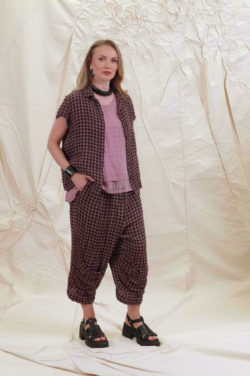 Short Sleeves Mauve Taupe Check Linen Jacket 8
