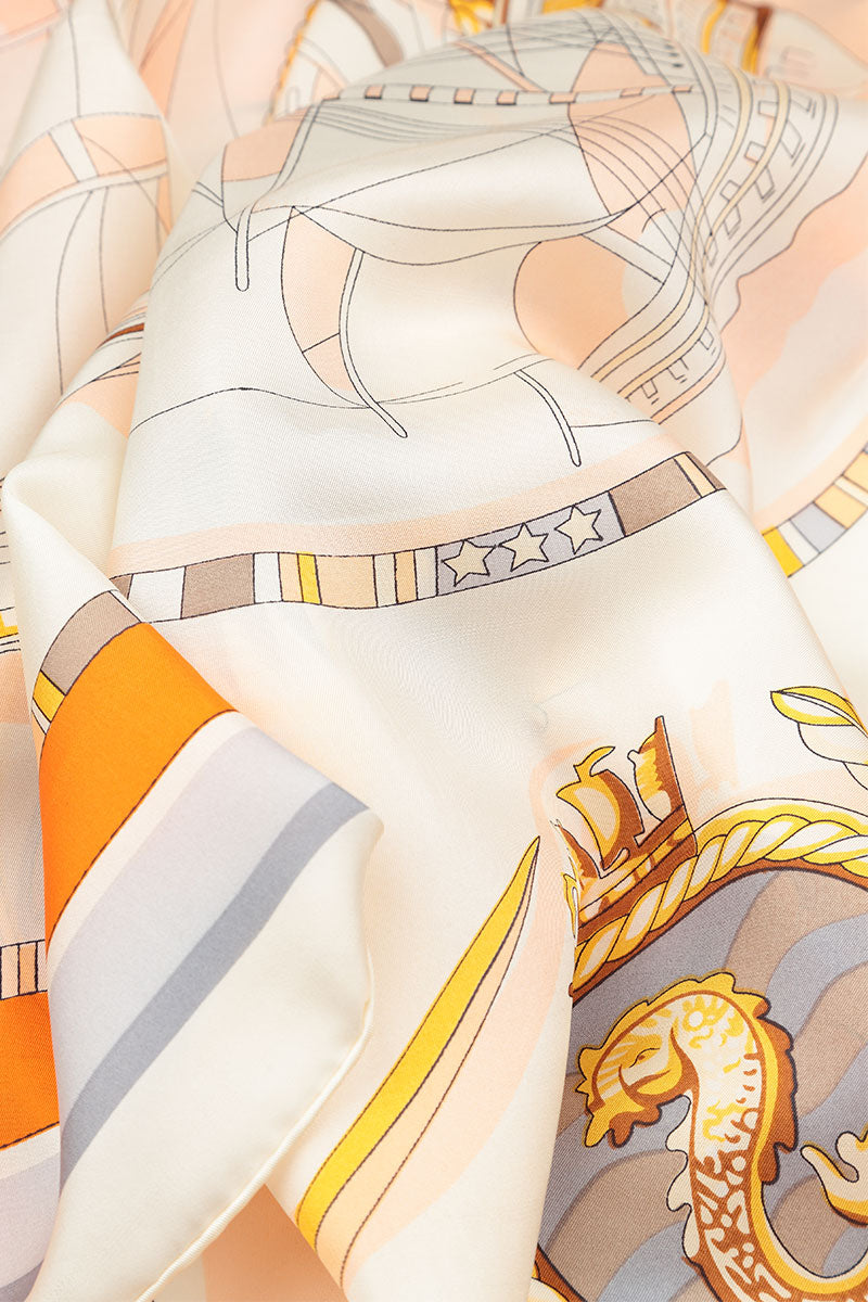 Antique Printed Beige Orange Tones Silk Scarf 5