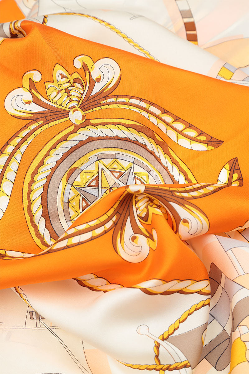 Antique Printed Beige Orange Tones Silk Scarf 5