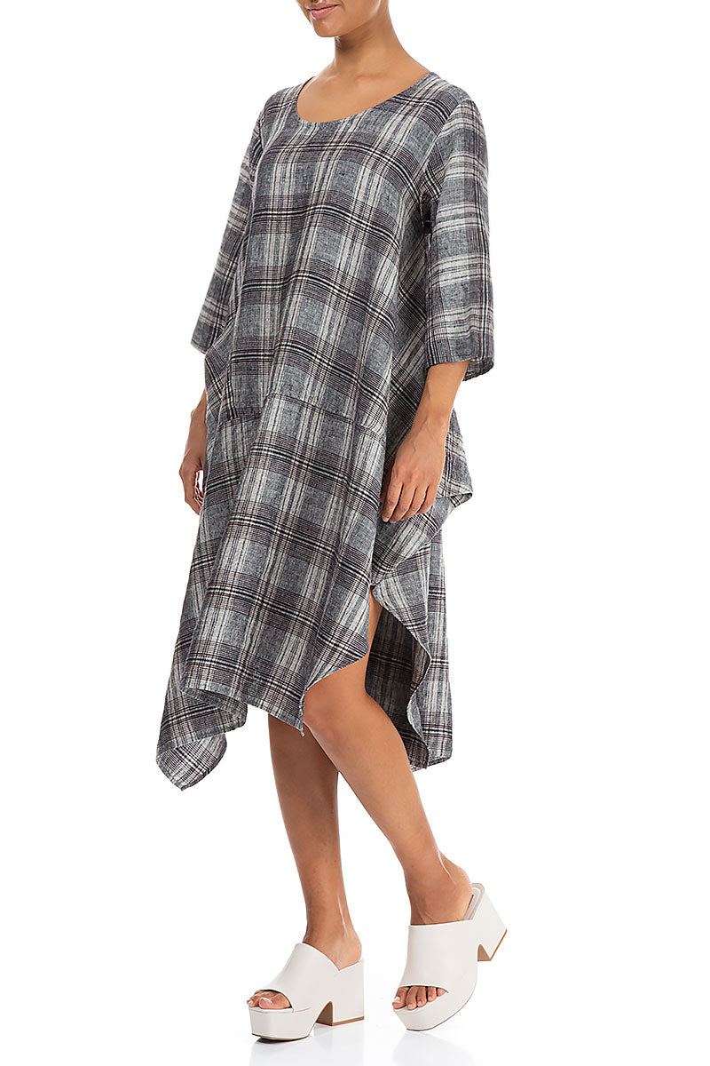 Asymmetric Checkered Pure Linen Dress 3