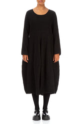 Balloon Long Sleeves Black Textured Linen Dress 1