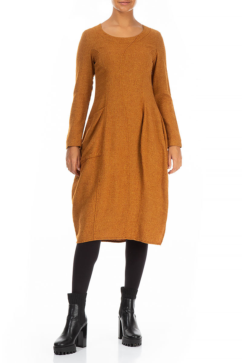 Balloon Long Sleeves Yellow Ochre Wool Dress 4