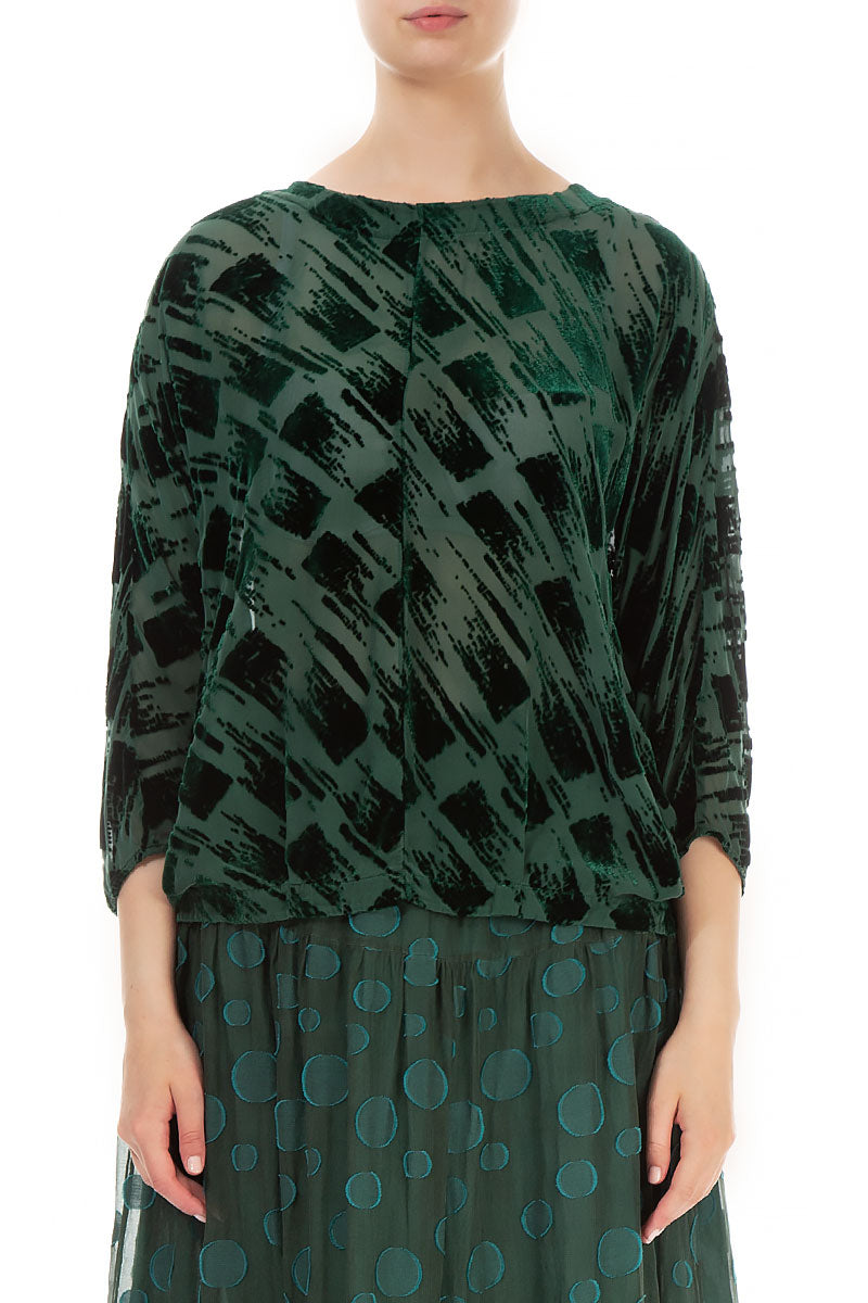 Boxy Devoré Pine Green Silk Velvet Blouse 1