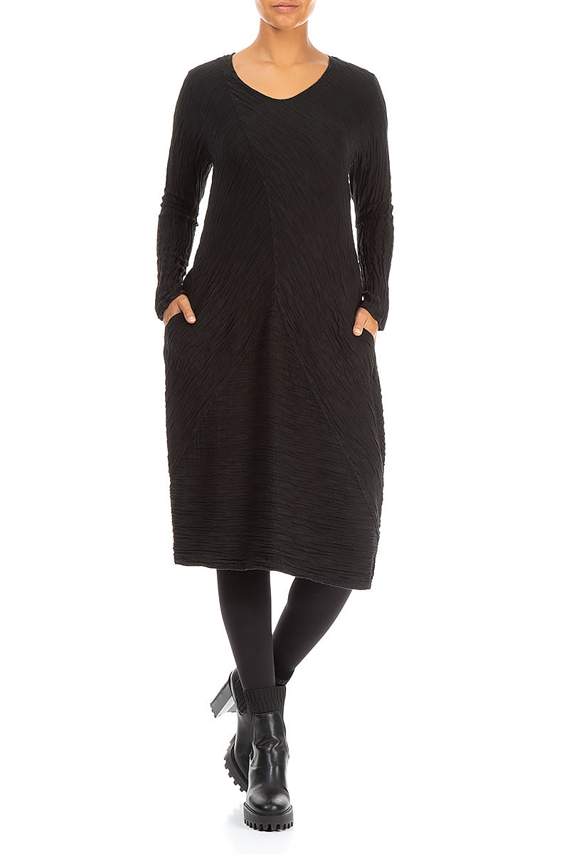 Subtle Balloon Crinkled Black Silk Midi Dress 4