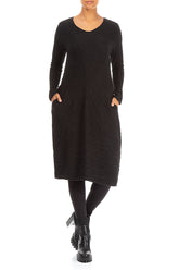 Subtle Balloon Crinkled Black Silk Midi Dress 4