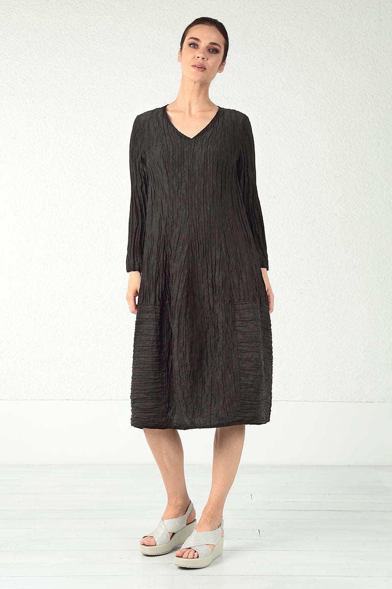 Long Sleeves V-neck Crinkled Black Silk Dress 7