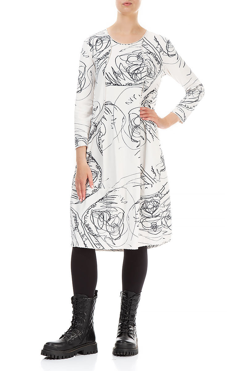 Exposed Seam White Abstract Draw Cotton Dress 4