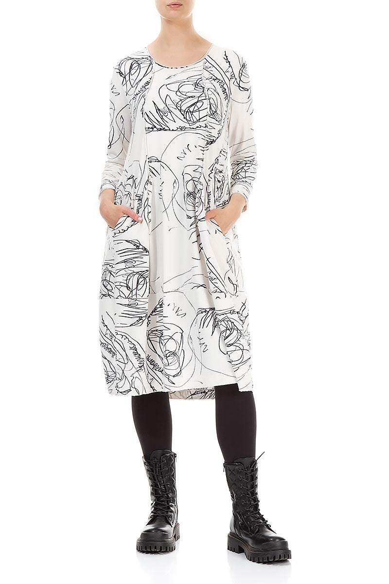 Exposed Seam White Abstract Draw Cotton Dress 3